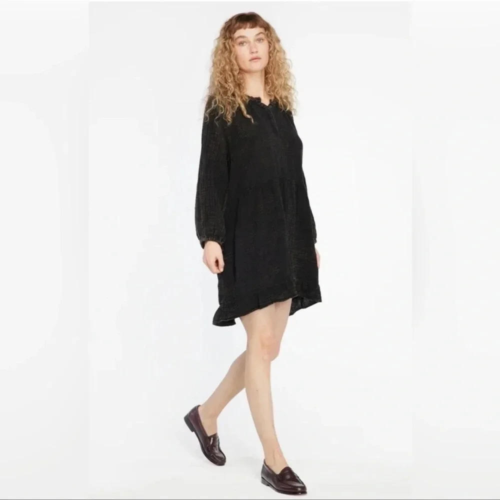 NWT LACAUSA Gauze Black Mineral Wash Organic Cotton Long Sleeves Dress Sz M